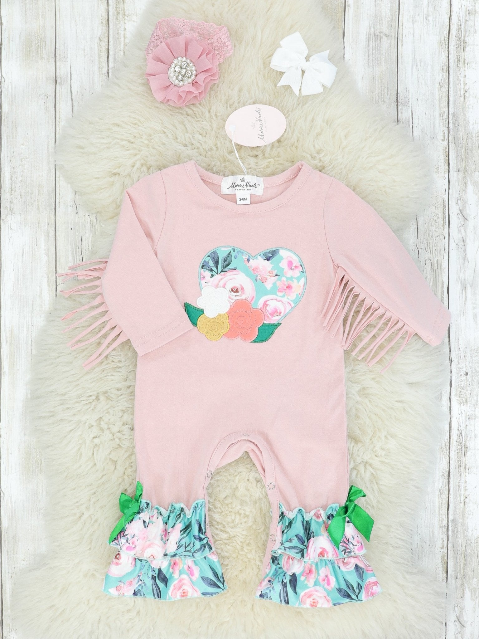 Mauve & Blue Roses Fringe Ruffle Romper - Marie Nicole Clothing