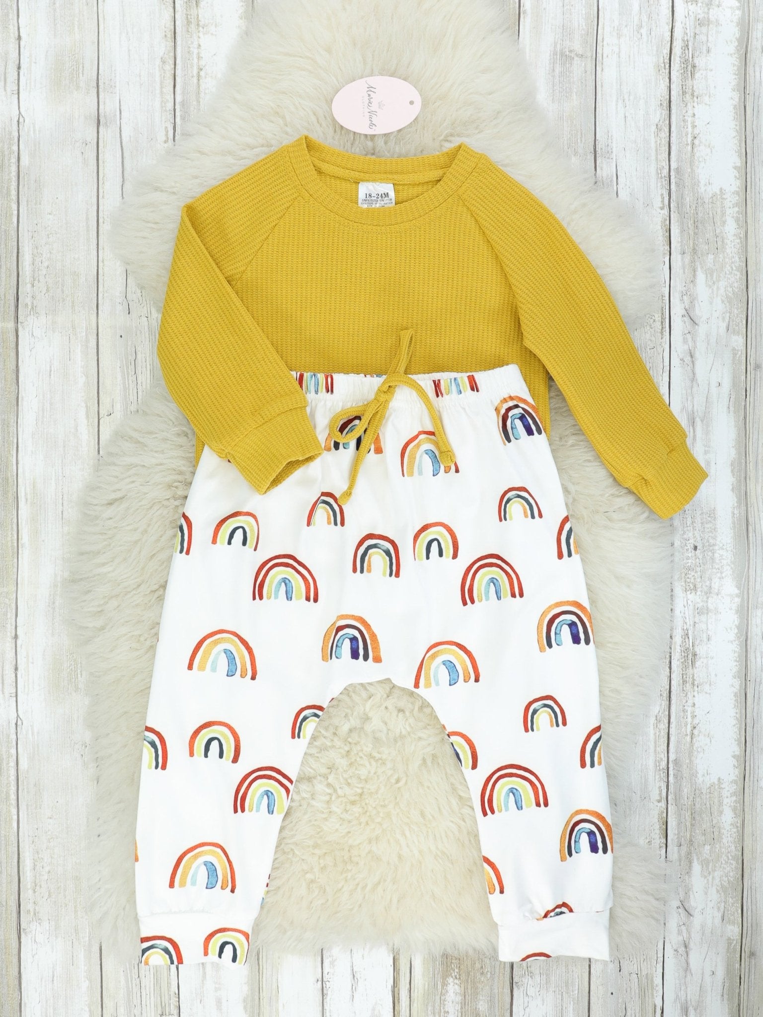 Mustard Top & Rainbow Joggers Outfit - Marie Nicole Clothing