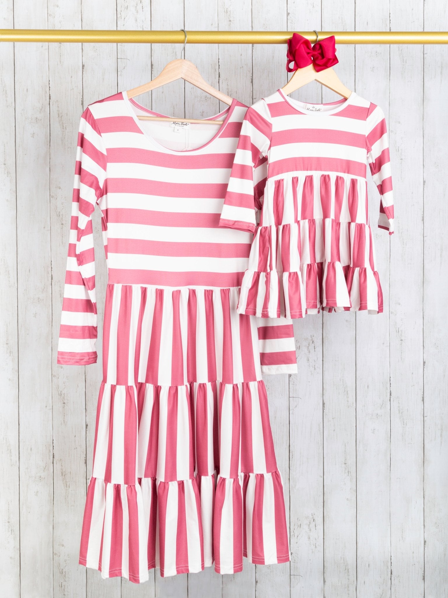 Mom & Me Raspberry Red Striped Long Sleeve Swing Dress - Marie Nicole Clothing