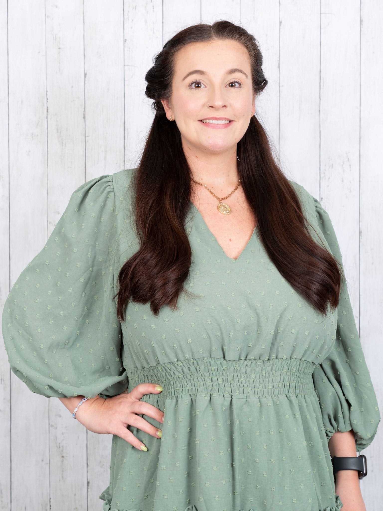 Mom Sage Swiss Dot Dress - Marie Nicole Clothing