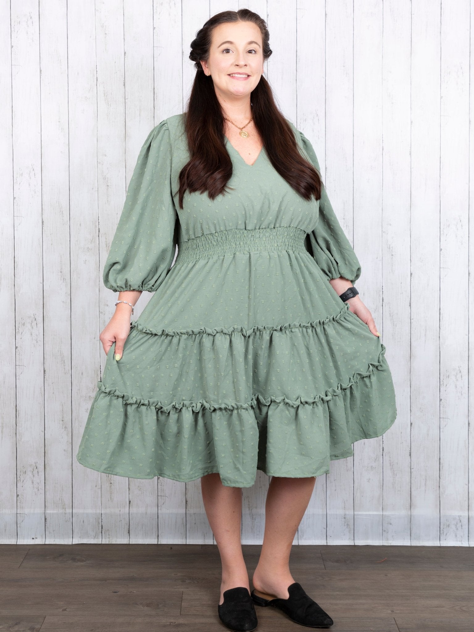 Mom Sage Swiss Dot Dress - Marie Nicole Clothing
