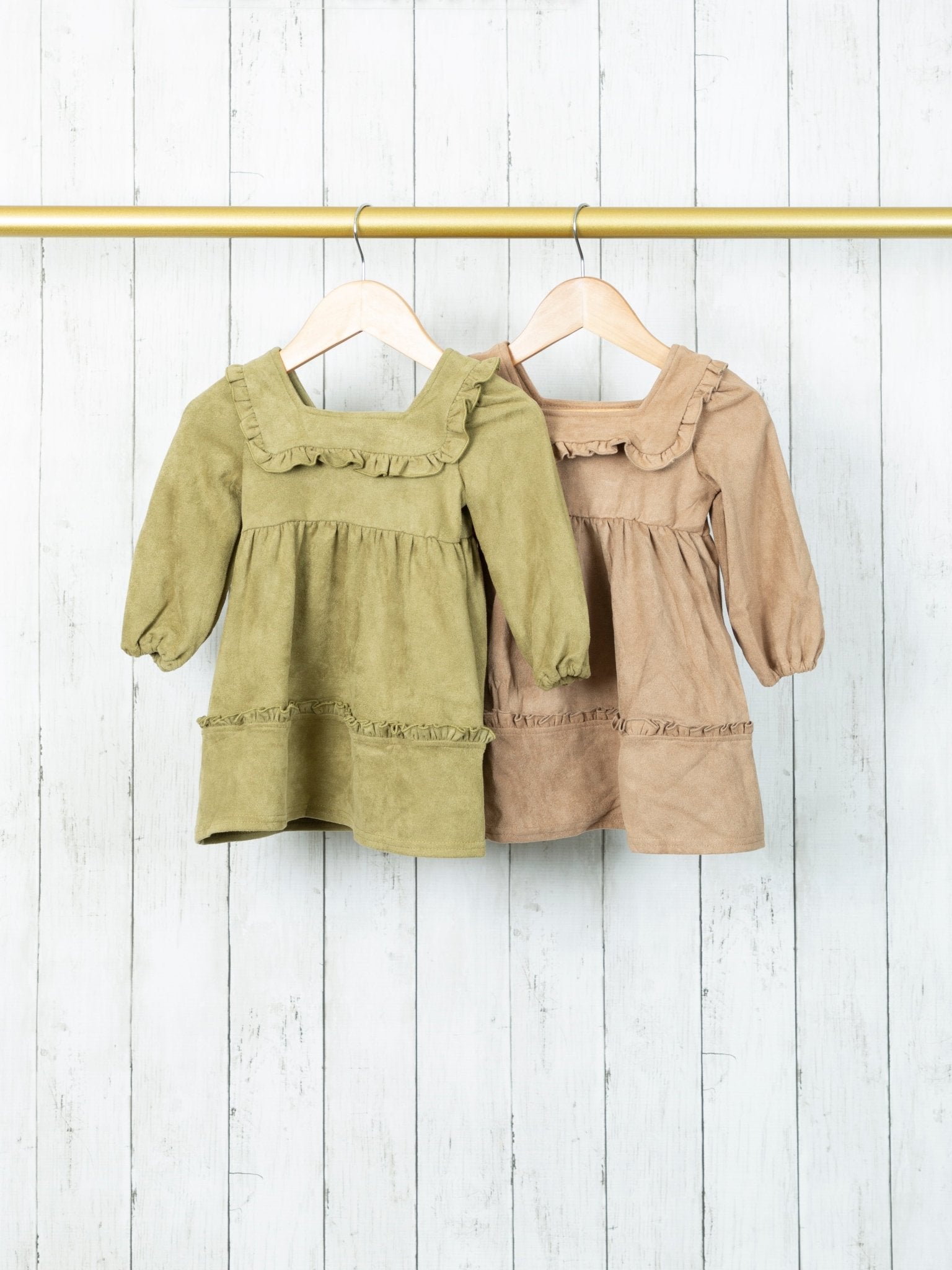 Mocha Suede Square Neck Ruffle Dress - Marie Nicole Clothing