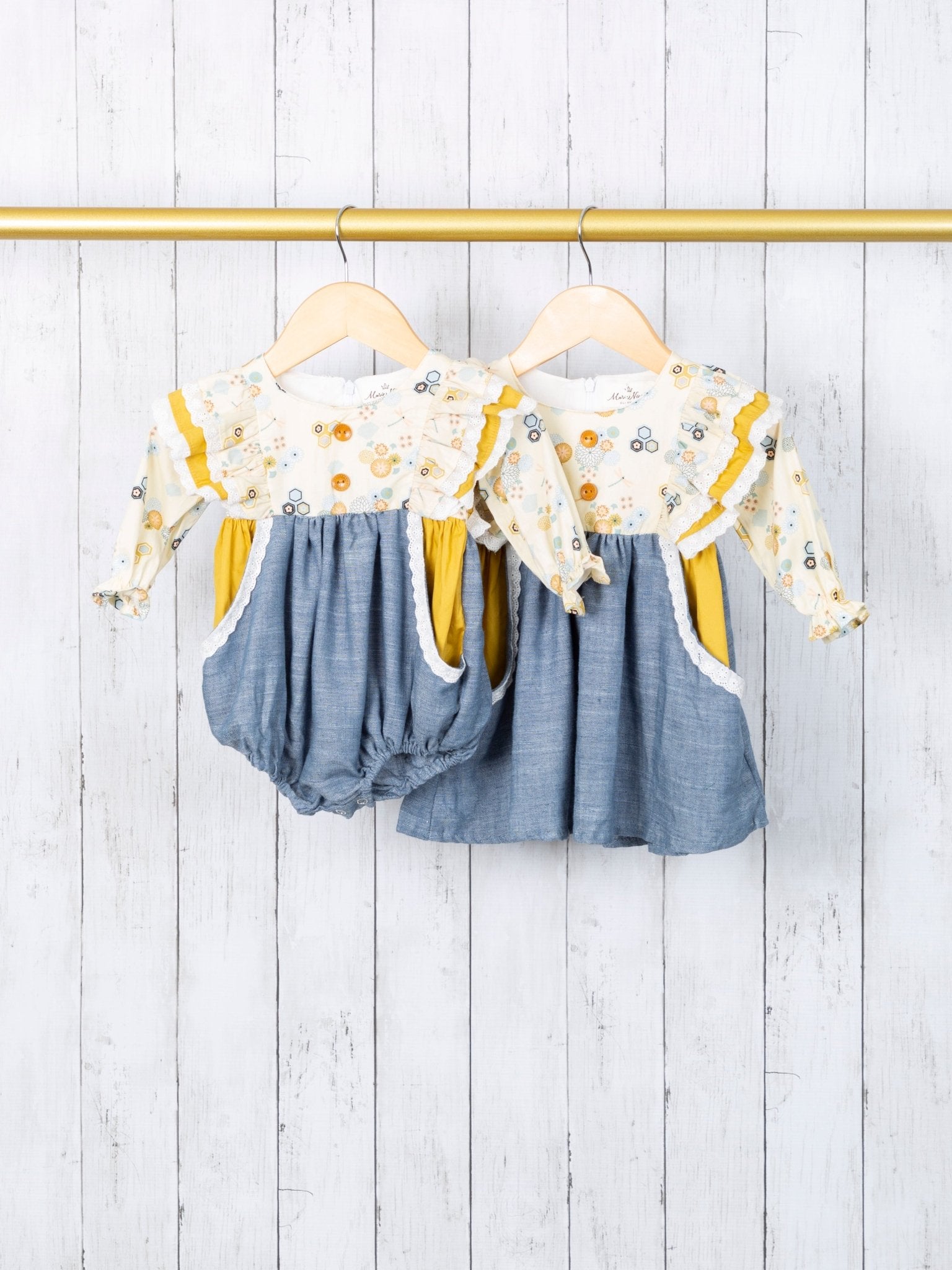 Pale Yellow Chambray Ruffle Pocket Dress - Marie Nicole Clothing
