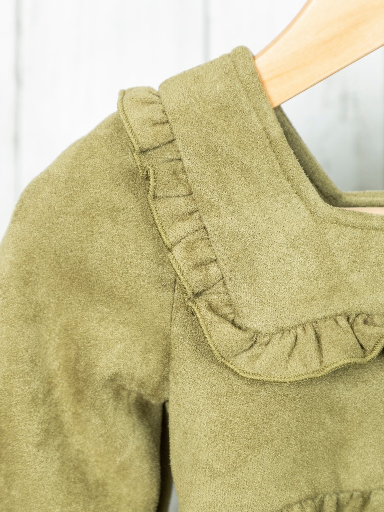 Army Green Suede Square Neck Ruffle Dress - Marie Nicole Clothing