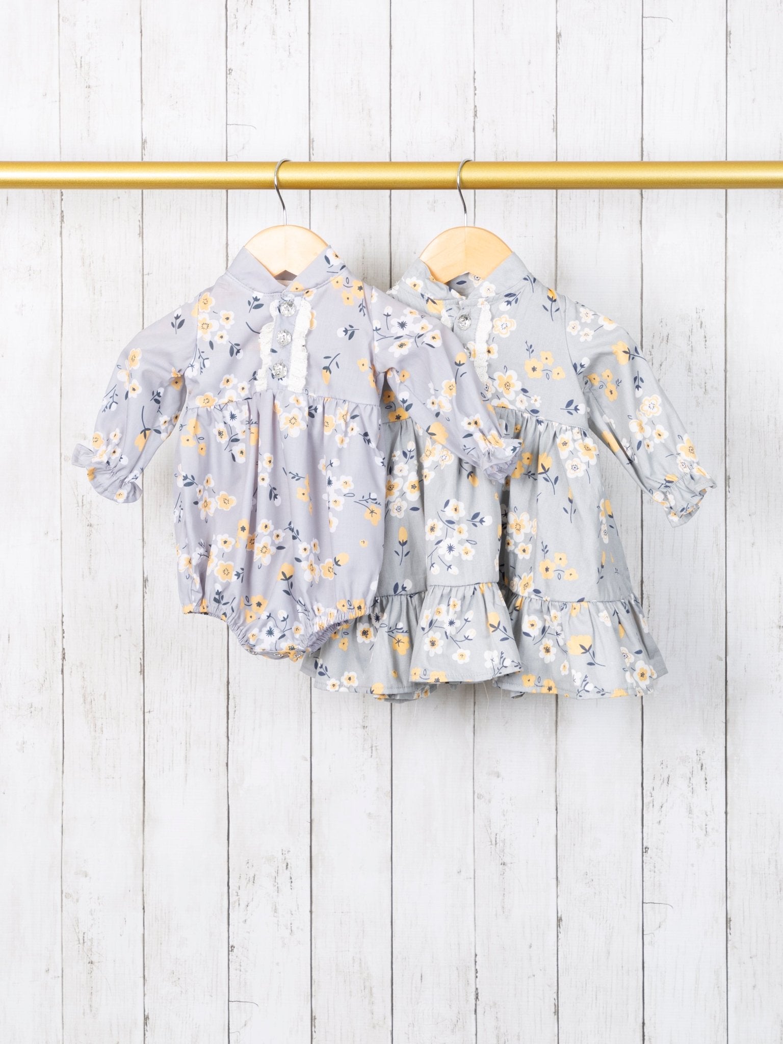 Light Grey & Yellow Floral Ruffle Dress - Marie Nicole Clothing