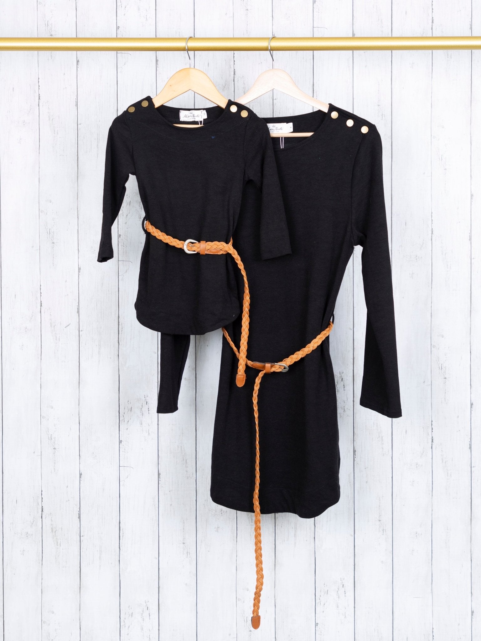 Mom & Me Black Button Dress W/ Braided Belt - Marie Nicole Clothing