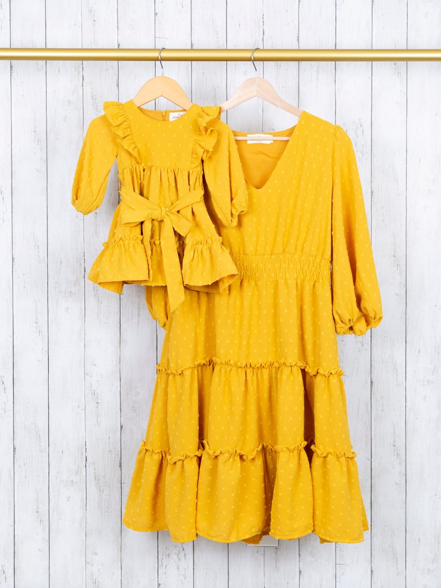 Mustard Swiss Dot Ruffle Dress - Marie Nicole Clothing