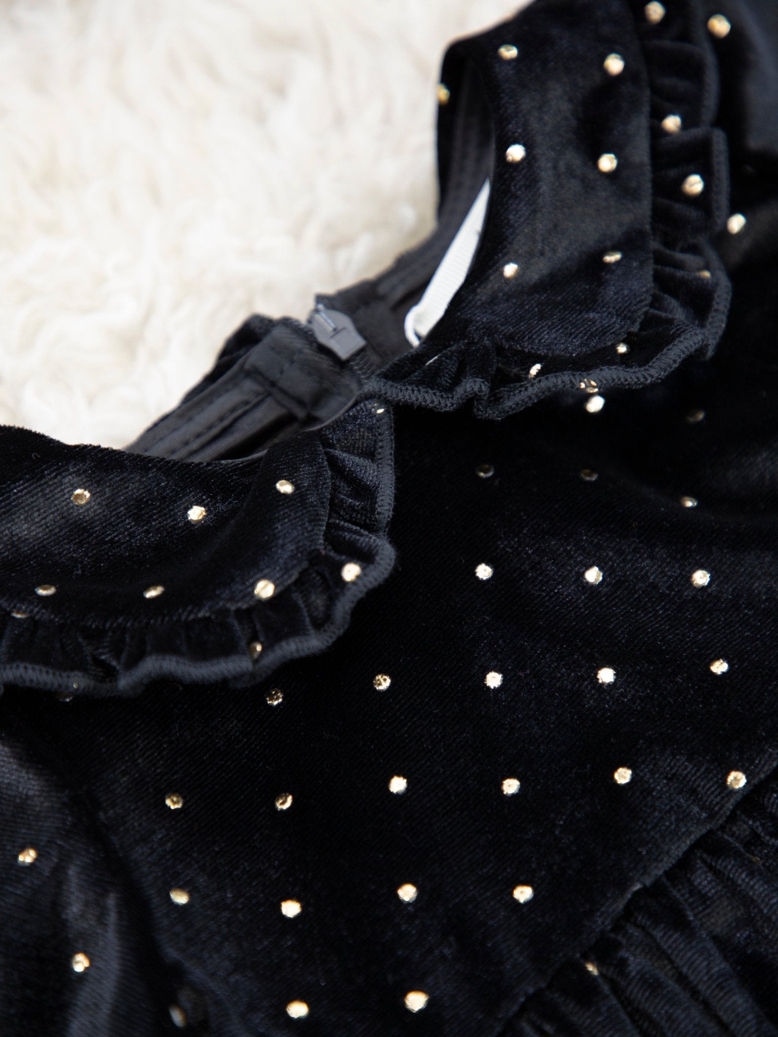 Black Polka Dotted Velvet Ruffle Romper - Marie Nicole Clothing