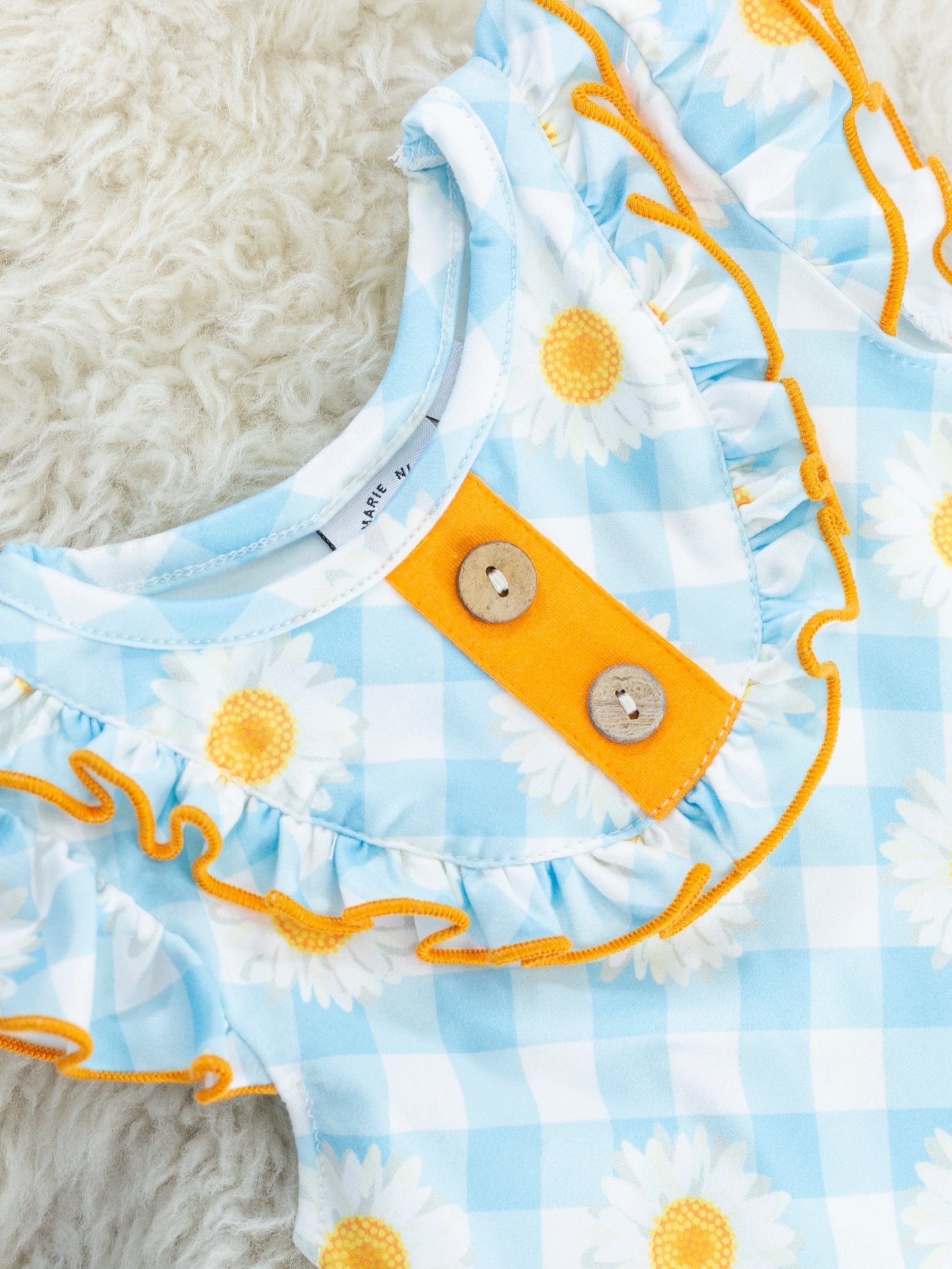 Blue & Orange Daisy Ruffle Romper - Marie Nicole Clothing