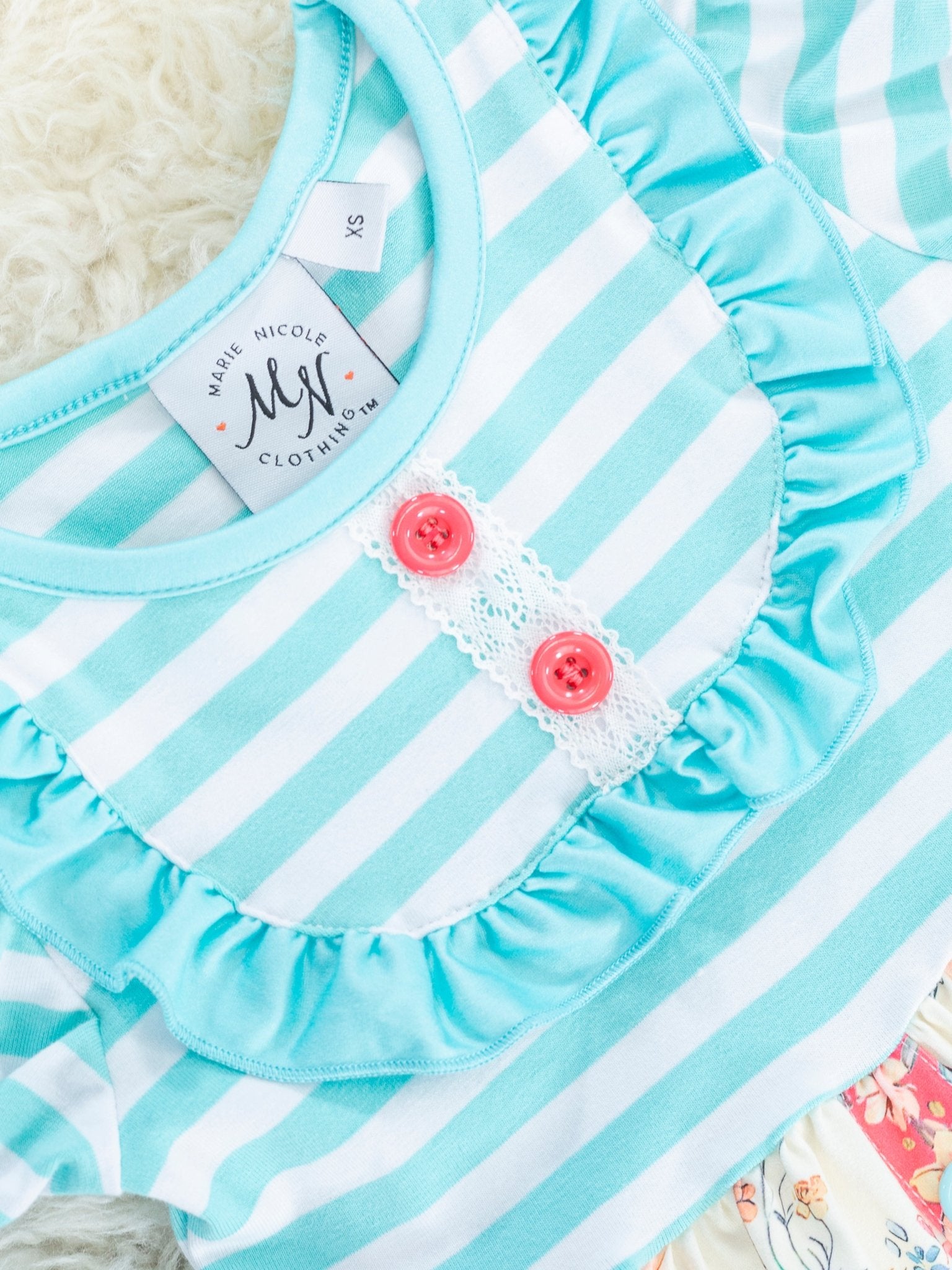 Blue Striped Flock Ruffle Dress - Marie Nicole Clothing