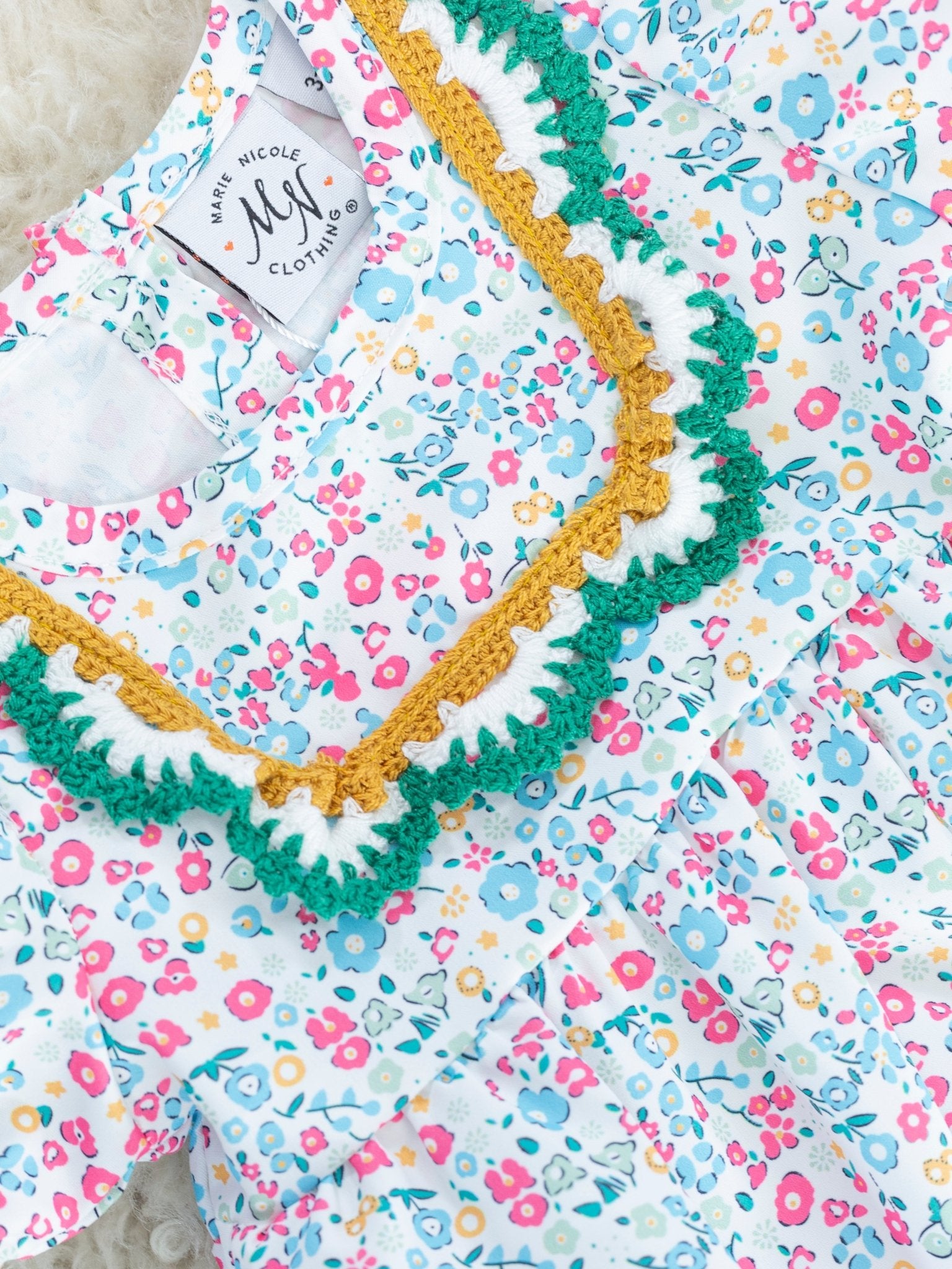 Blue Ditsy Floral Crochet Bubble Romper - Marie Nicole Clothing