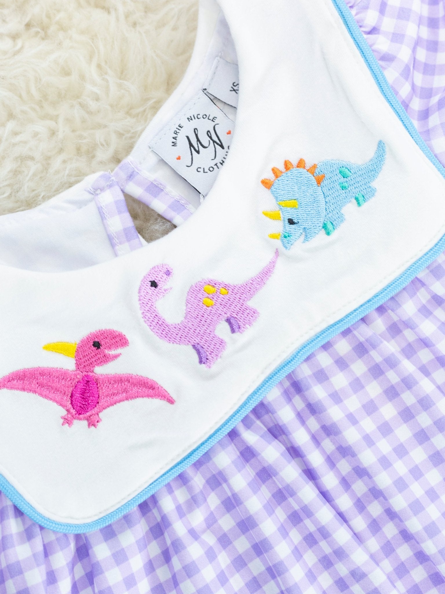 Purple Gingham Dino Bib Collar Ruffle Outfit - Marie Nicole Clothing