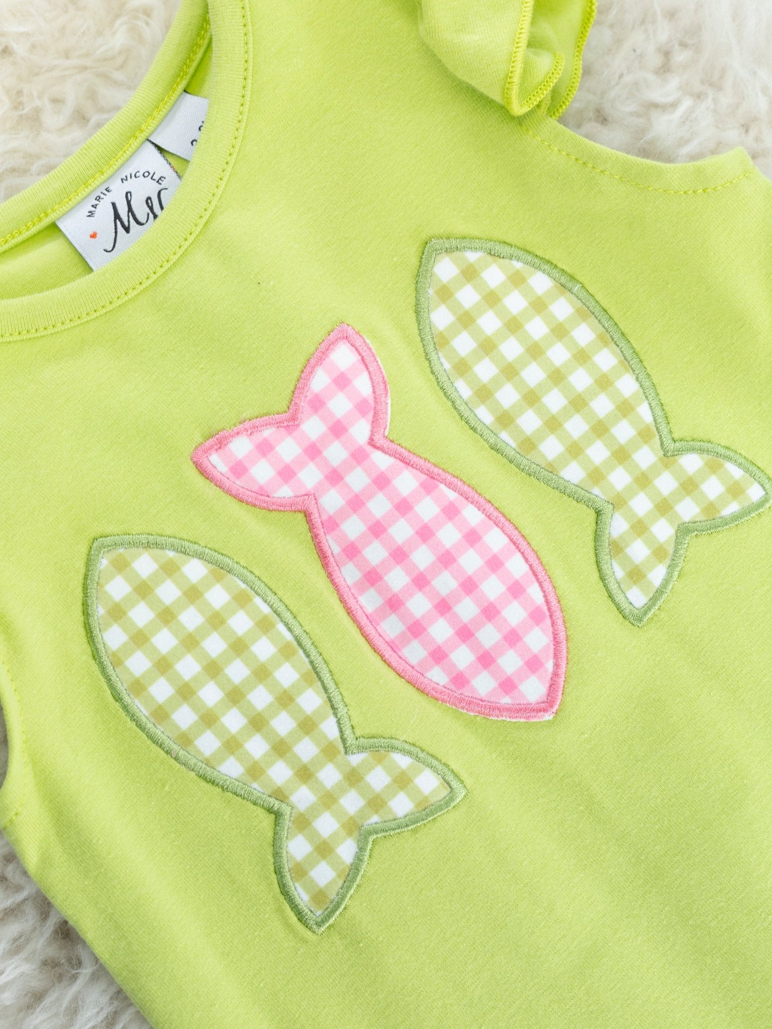 Green Gingham Fish Ruffle Romper - Marie Nicole Clothing