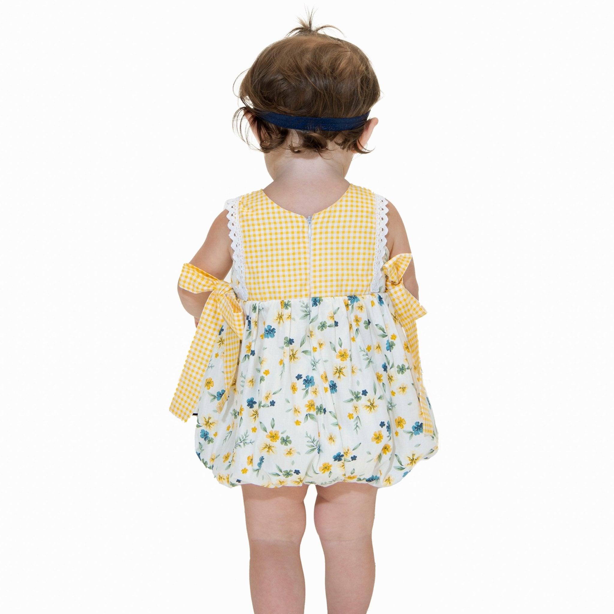 Yellow Check Floral Romper - Marie Nicole Clothing