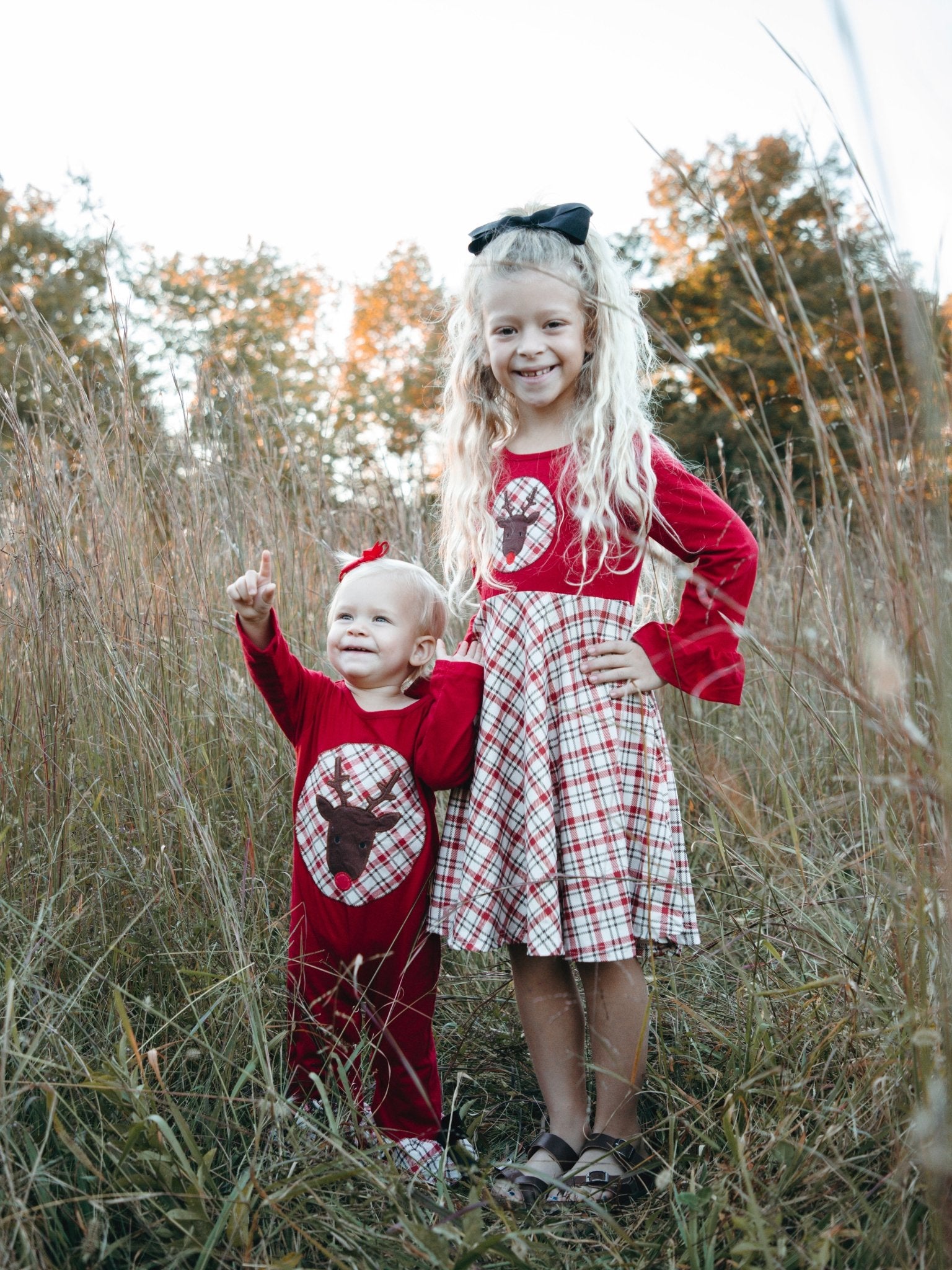 Red Plaid Reindeer Ruffle Romper - Marie Nicole Clothing