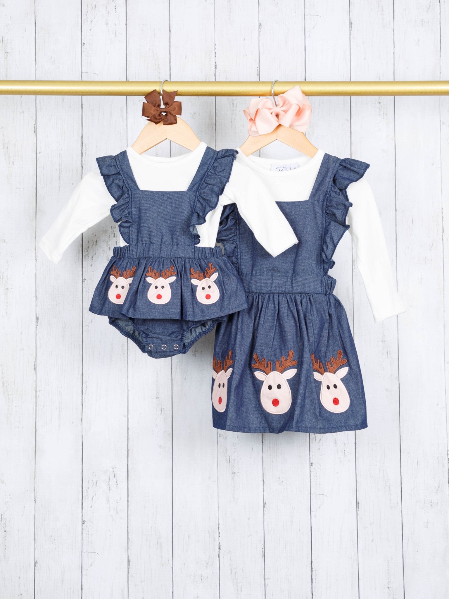 White Top & Chambray Reindeer Ruffle Romper - Marie Nicole Clothing