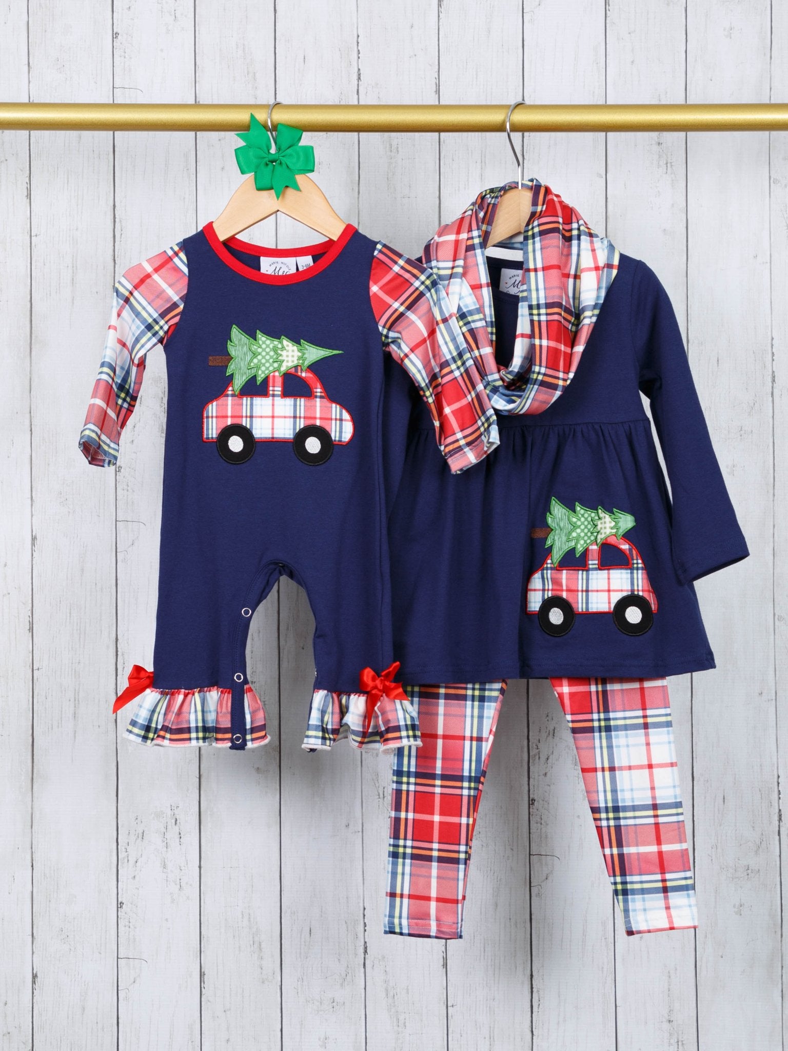 Navy Christmas Tree Truck Plaid 3 - Piece Outfit - Marie Nicole Clothing