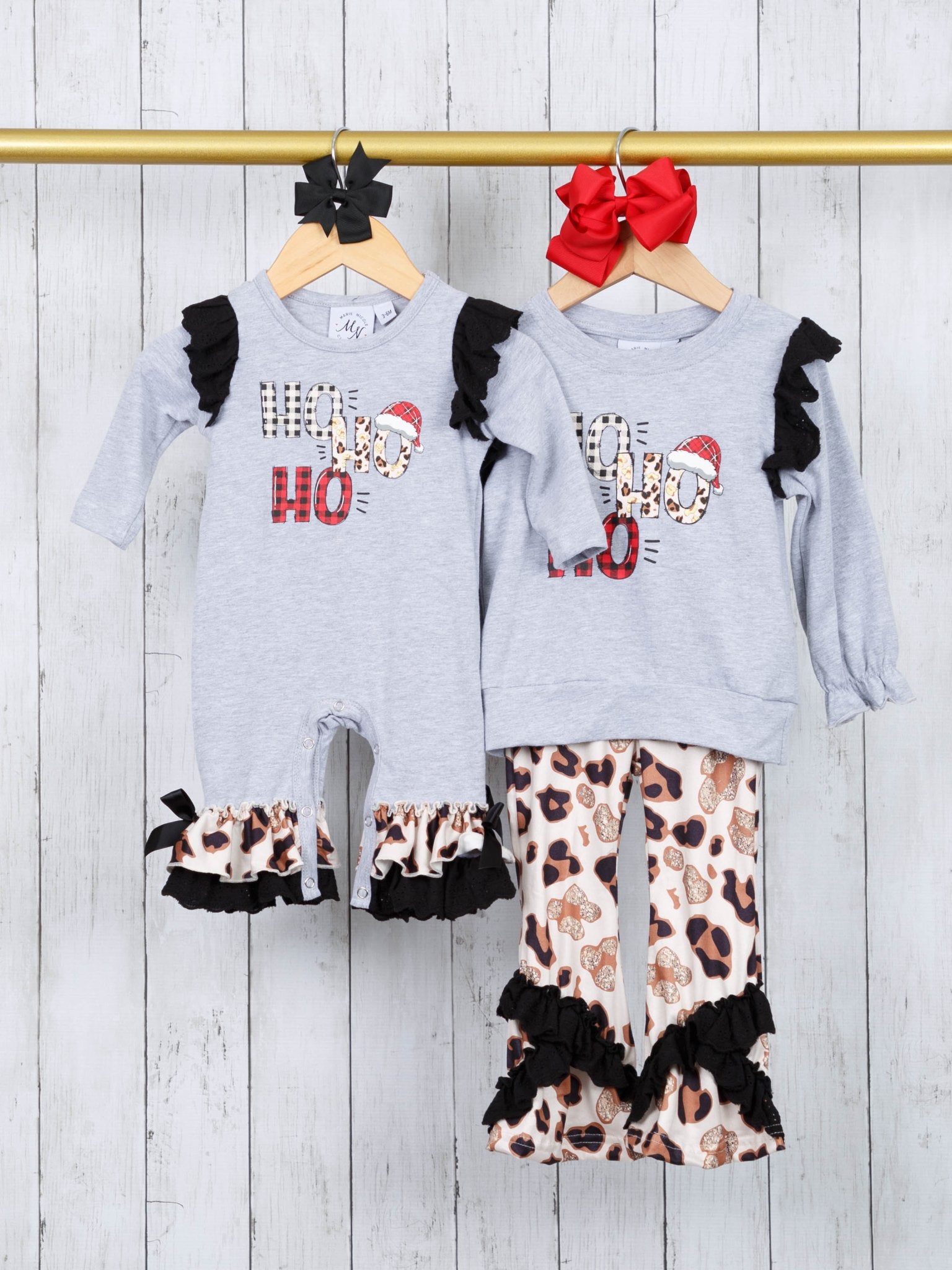 "HO HO HO" Leopard Ruffle Romper - Marie Nicole Clothing