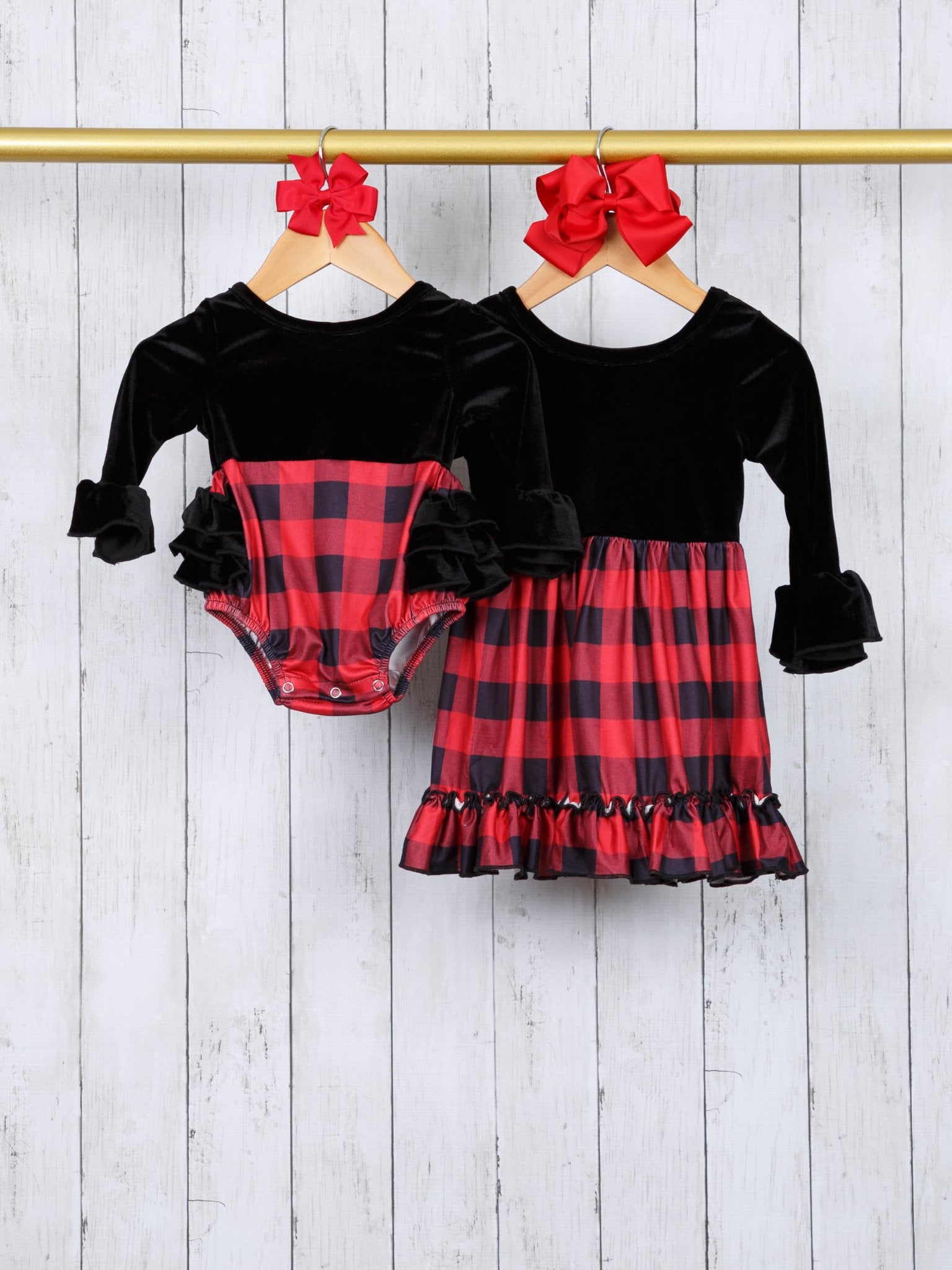 Black Velvet Buffalo Plaid Ruffle Romper - Marie Nicole Clothing