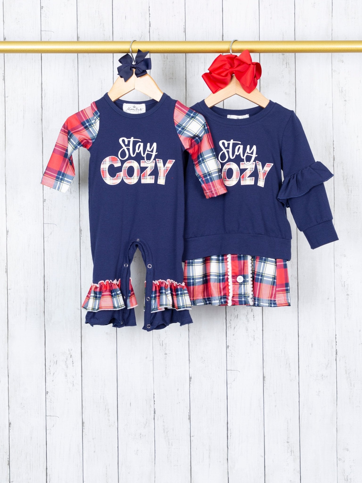 Navy & Red "Stay Cozy" Plaid Ruffle Raglan Romper - Marie Nicole Clothing