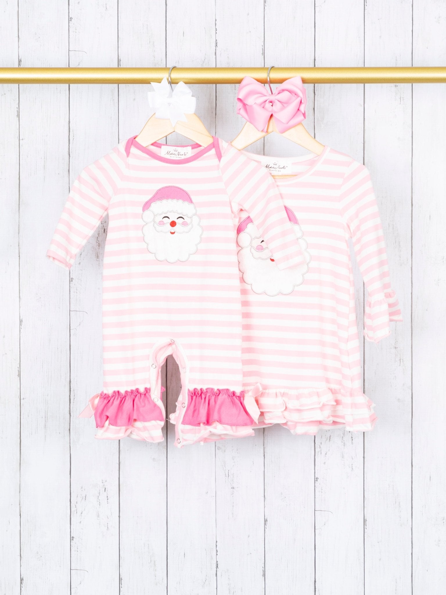 Pink Striped Santa Ruffle Romper - Marie Nicole Clothing