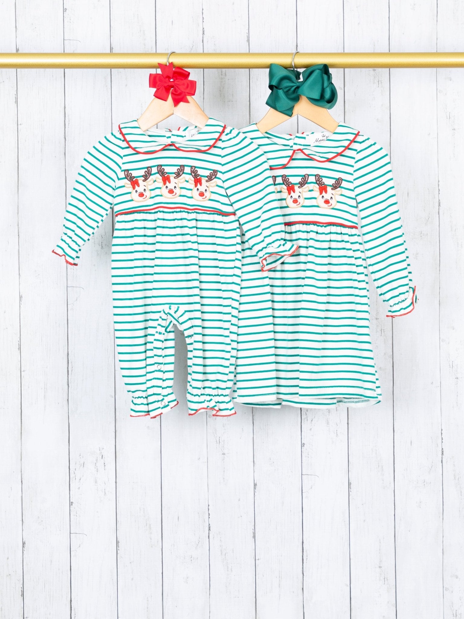 Green Striped Vintage Reindeer Ruffle Romper - Marie Nicole Clothing