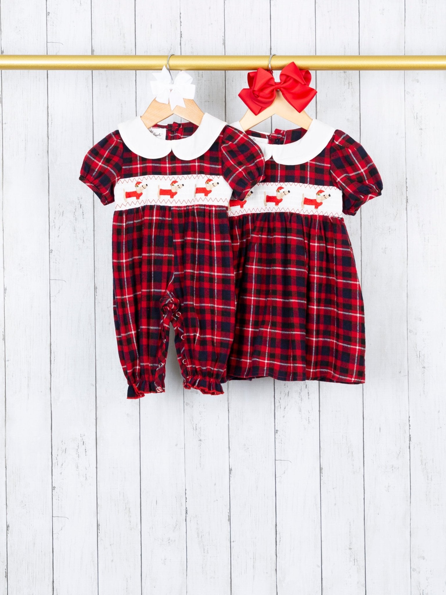 Red Plaid Smocked Dachshund Vintage Dress - Marie Nicole Clothing