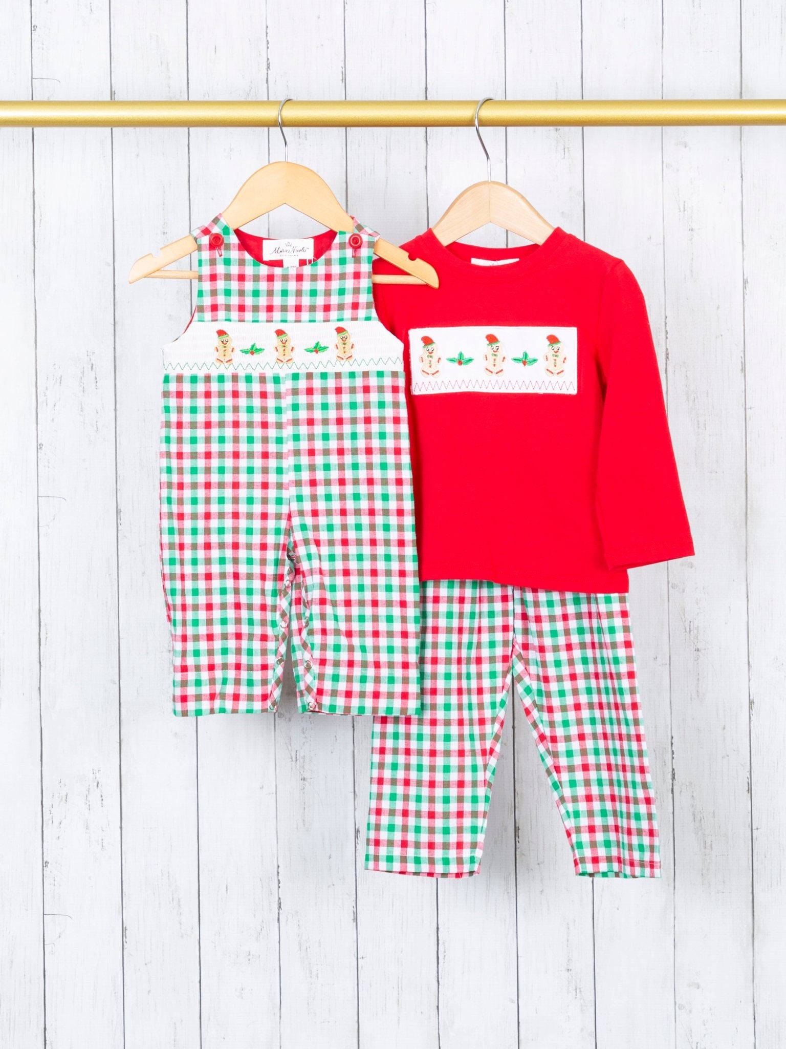 Red & Green Gingerbread Smocked Johnny - Marie Nicole Clothing