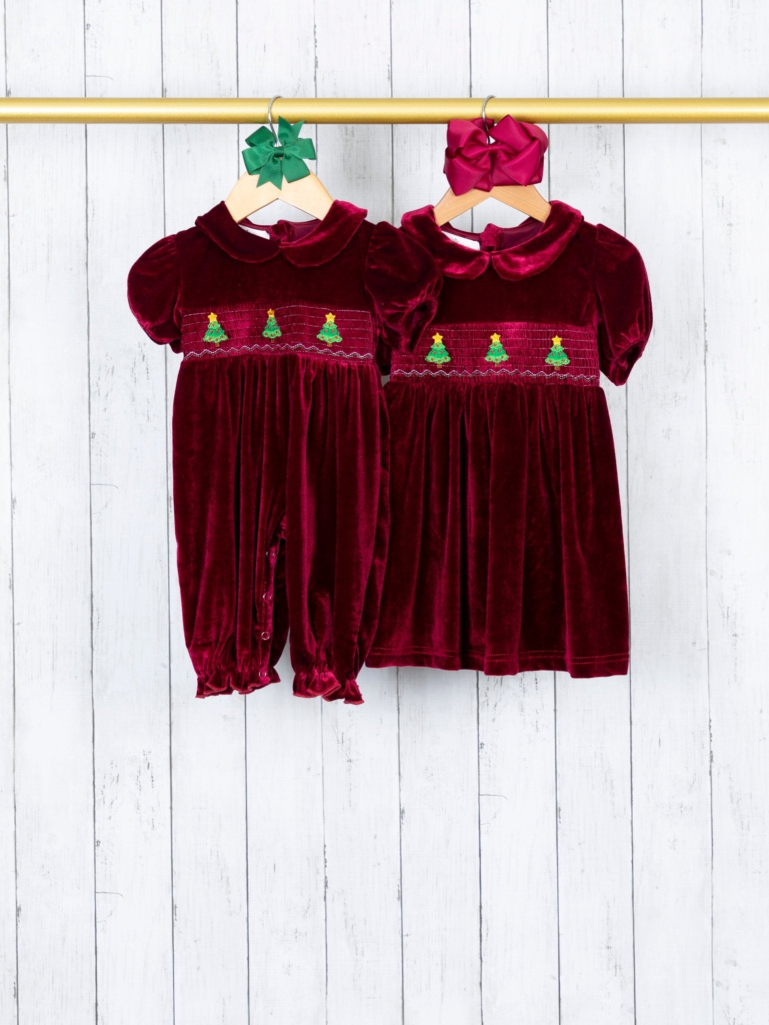 Burgundy Smocked Christmas Tree Dress - Marie Nicole Clothing