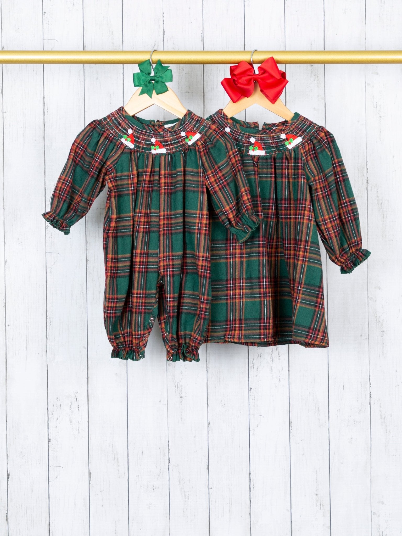 Hunter Green Smocked Plaid Santa Hat Dress - Marie Nicole Clothing