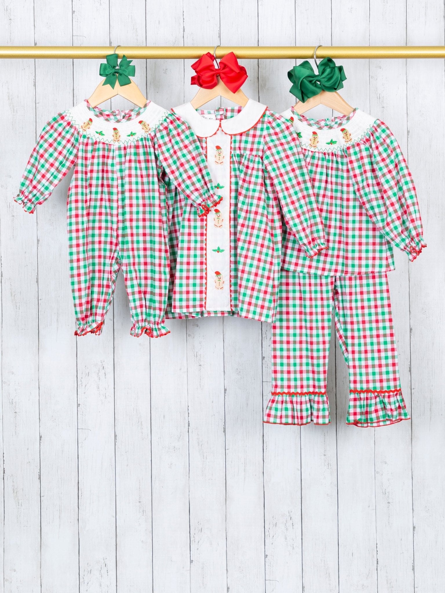 Red & Green Gingerbread Smocked Ruffle Outfit - Marie Nicole Clothing