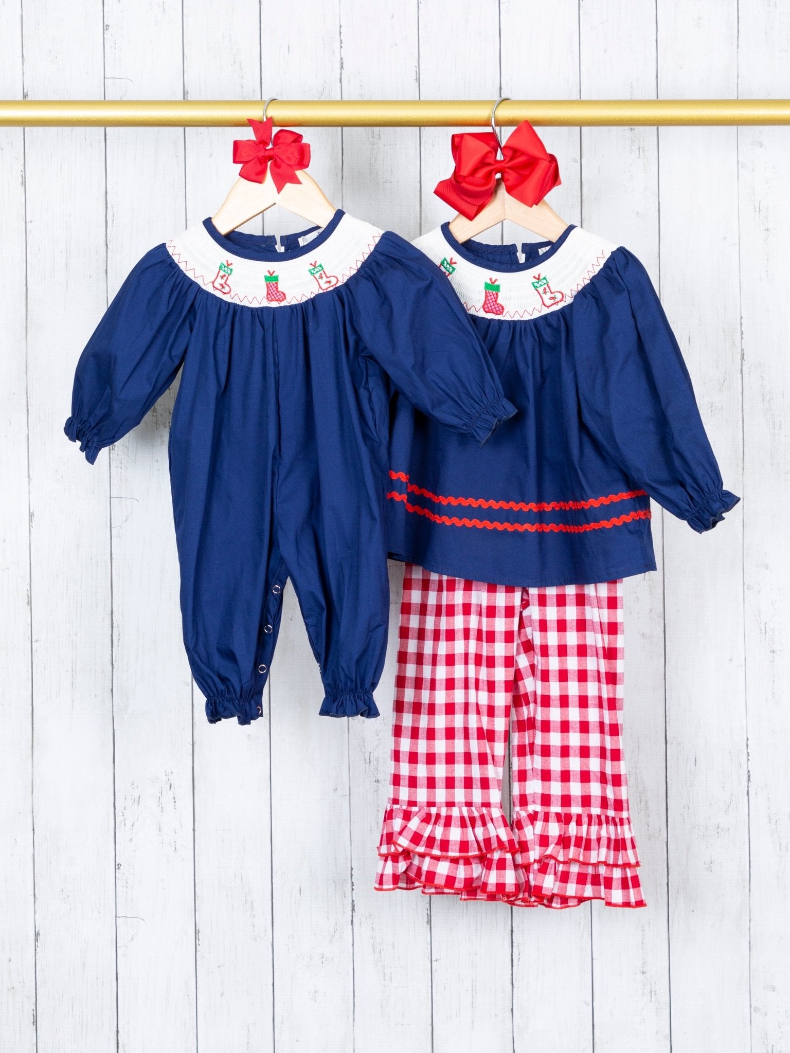 Navy Stocking & Red Gingham Smocked Ruffle Outfit - Marie Nicole Clothing