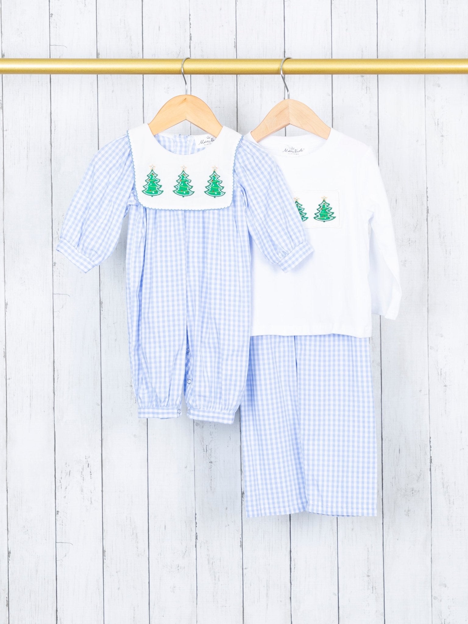 Blue Gingham Christmas Tree Smocked Outfit - Marie Nicole Clothing
