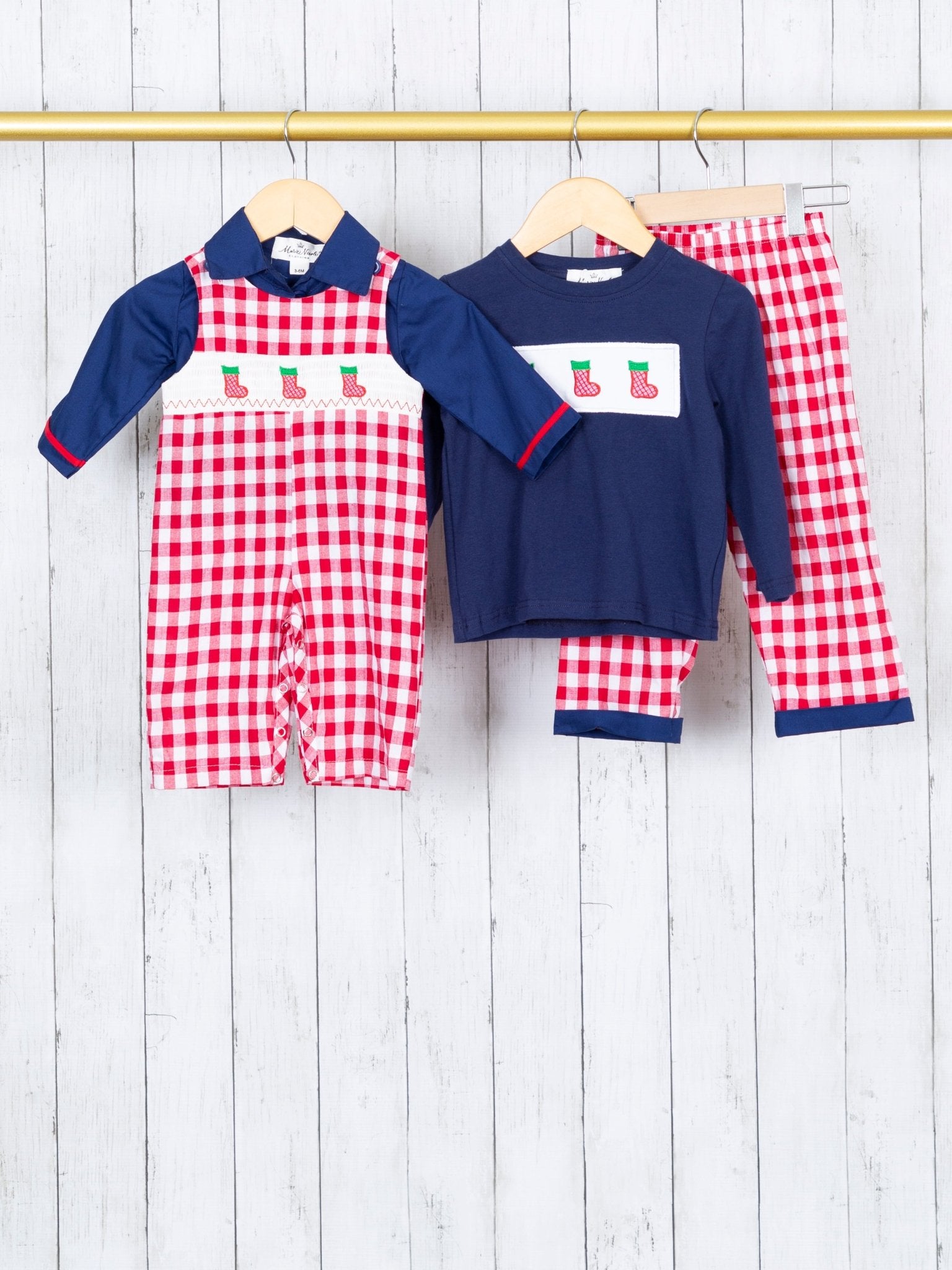 Navy Stocking & Red Gingham Smocked Romper - Marie Nicole Clothing