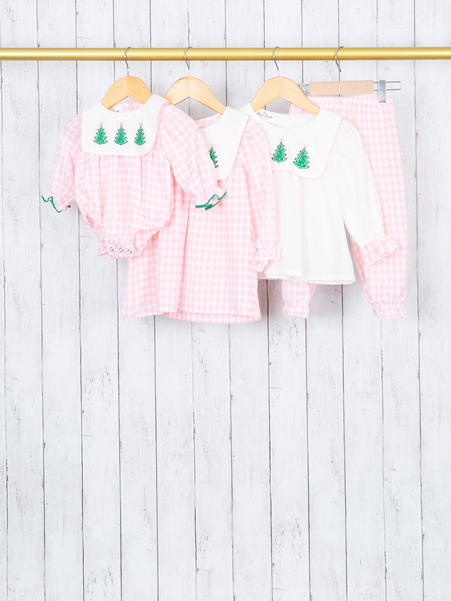 Pink Gingham Christmas Tree Bib Collar Dress - Marie Nicole Clothing