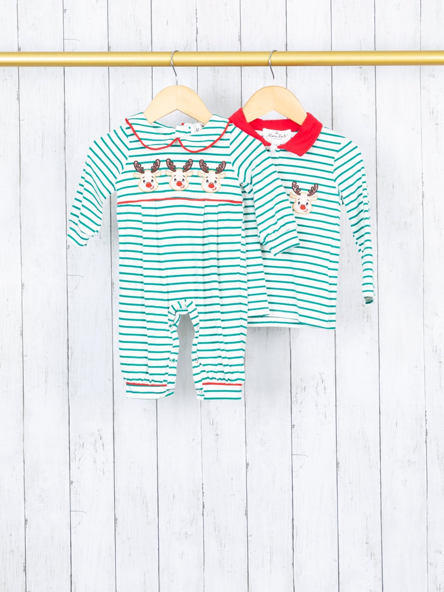 Green Striped Vintage Reindeer Romper - Marie Nicole Clothing
