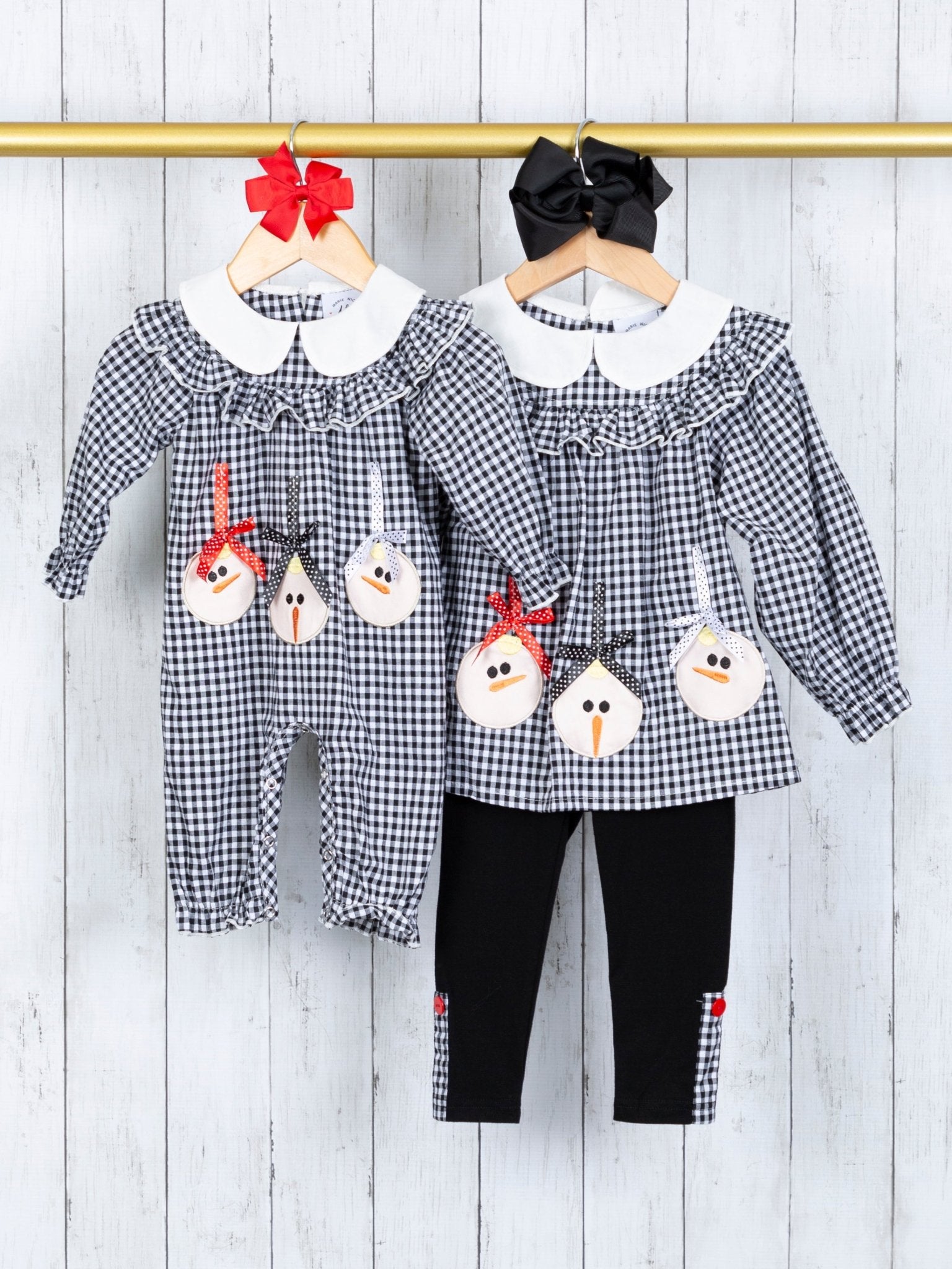 Gingham Snowman Vintage Ruffle Romper - Marie Nicole Clothing