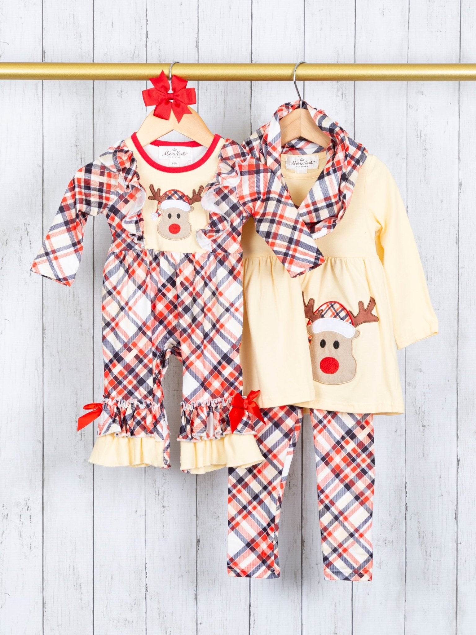 Yellow Reindeer Plaid Ruffle Romper - Marie Nicole Clothing