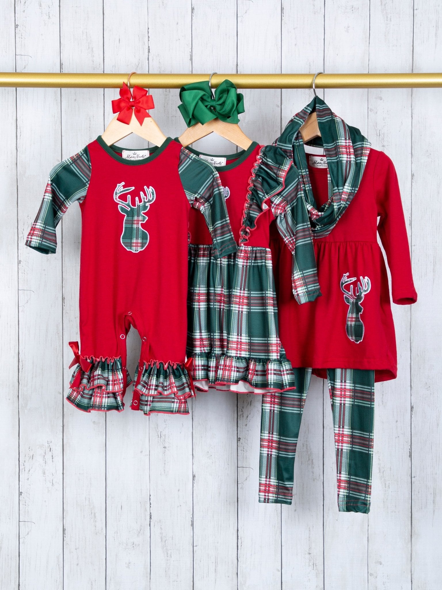 Hunter Green Plaid Reindeer 3 - Piece Outfit - Marie Nicole Clothing