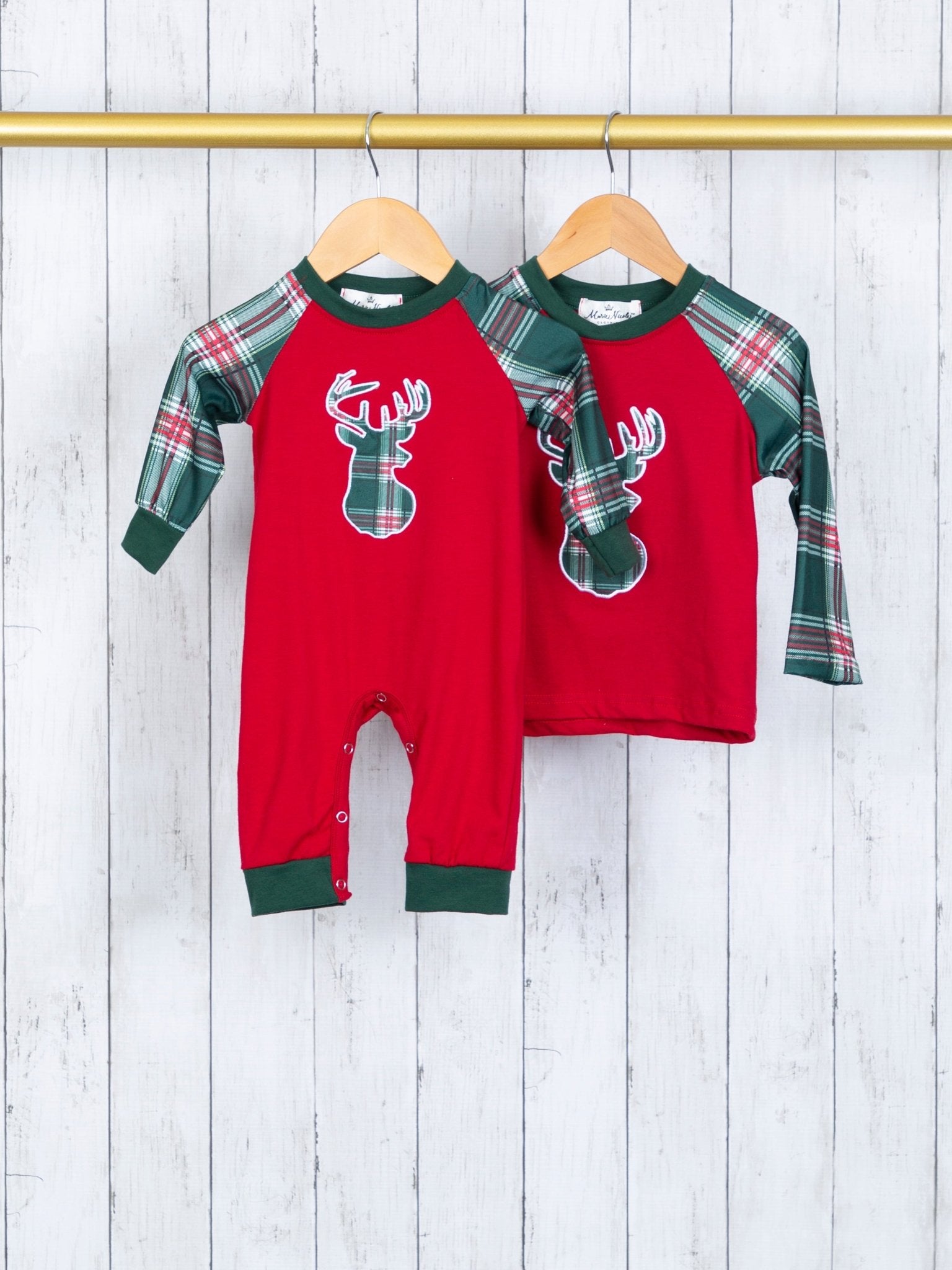 Hunter Green Plaid Reindeer Raglan Romper - Marie Nicole Clothing