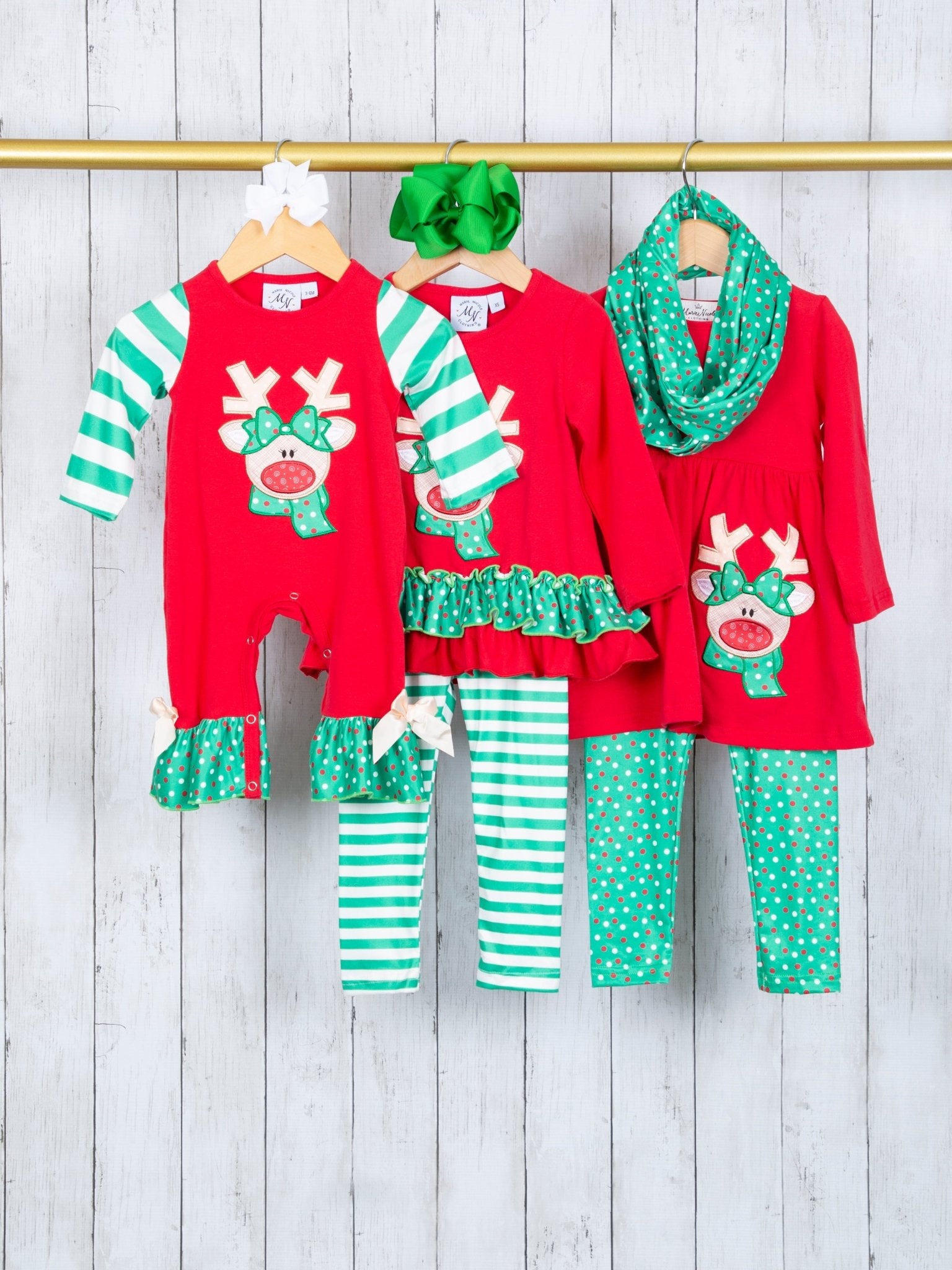 Red & Green Reindeer Ruffle Outfit - Marie Nicole Clothing
