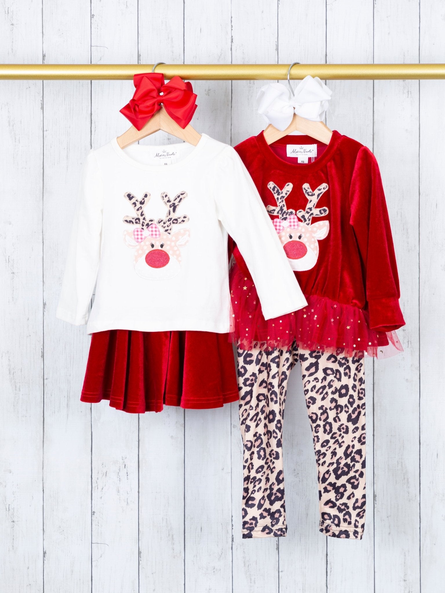 Red Reindeer Velvet Leopard Outfit - Marie Nicole Clothing