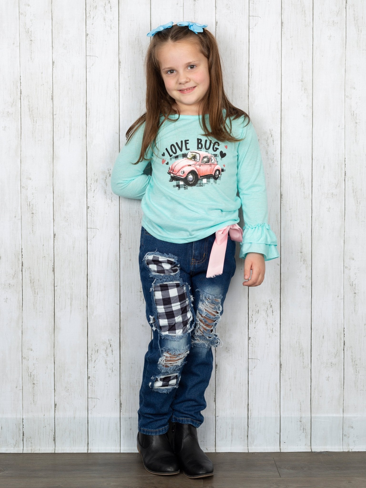 Blue "Love Bug" Gingham Denim Outfit - Marie Nicole Clothing