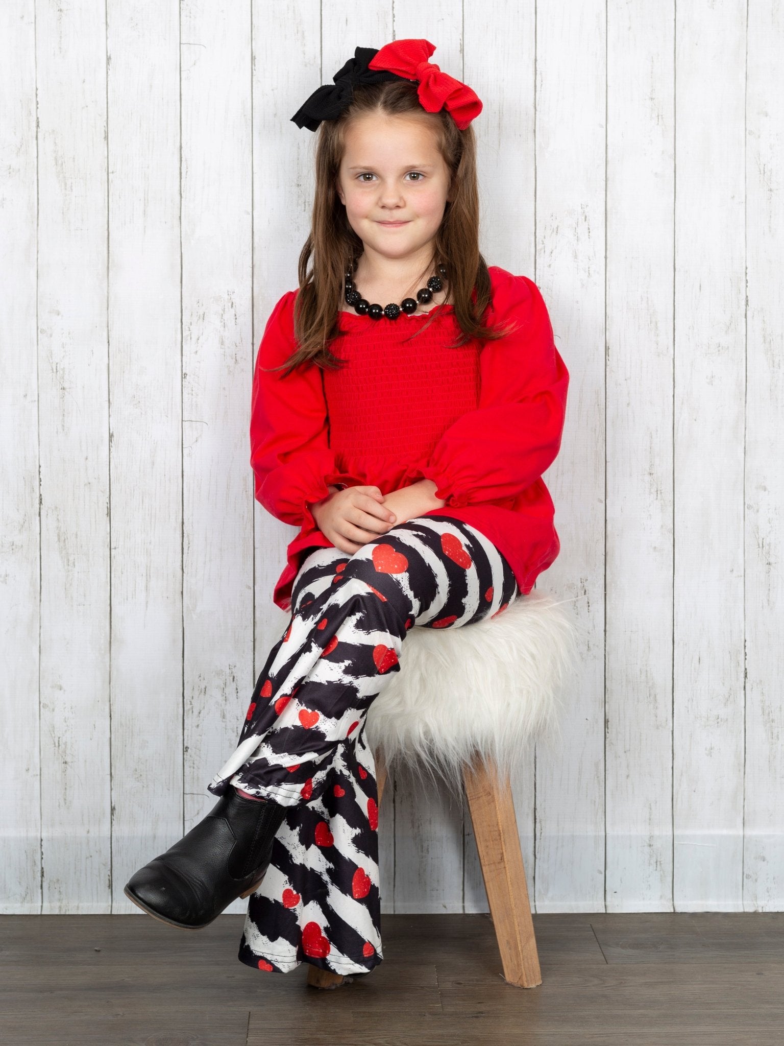 Red Puff Sleeve Top & Striped Heart Bell Bottom Outfit - Marie Nicole Clothing