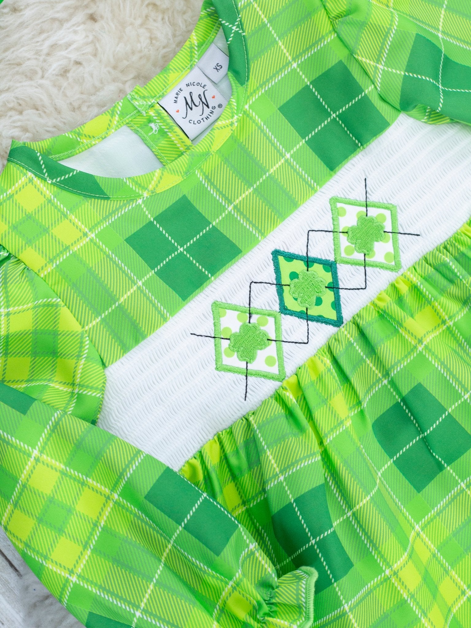 Green Plaid Smocked Clover Ruffle Dress - Marie Nicole Clothing