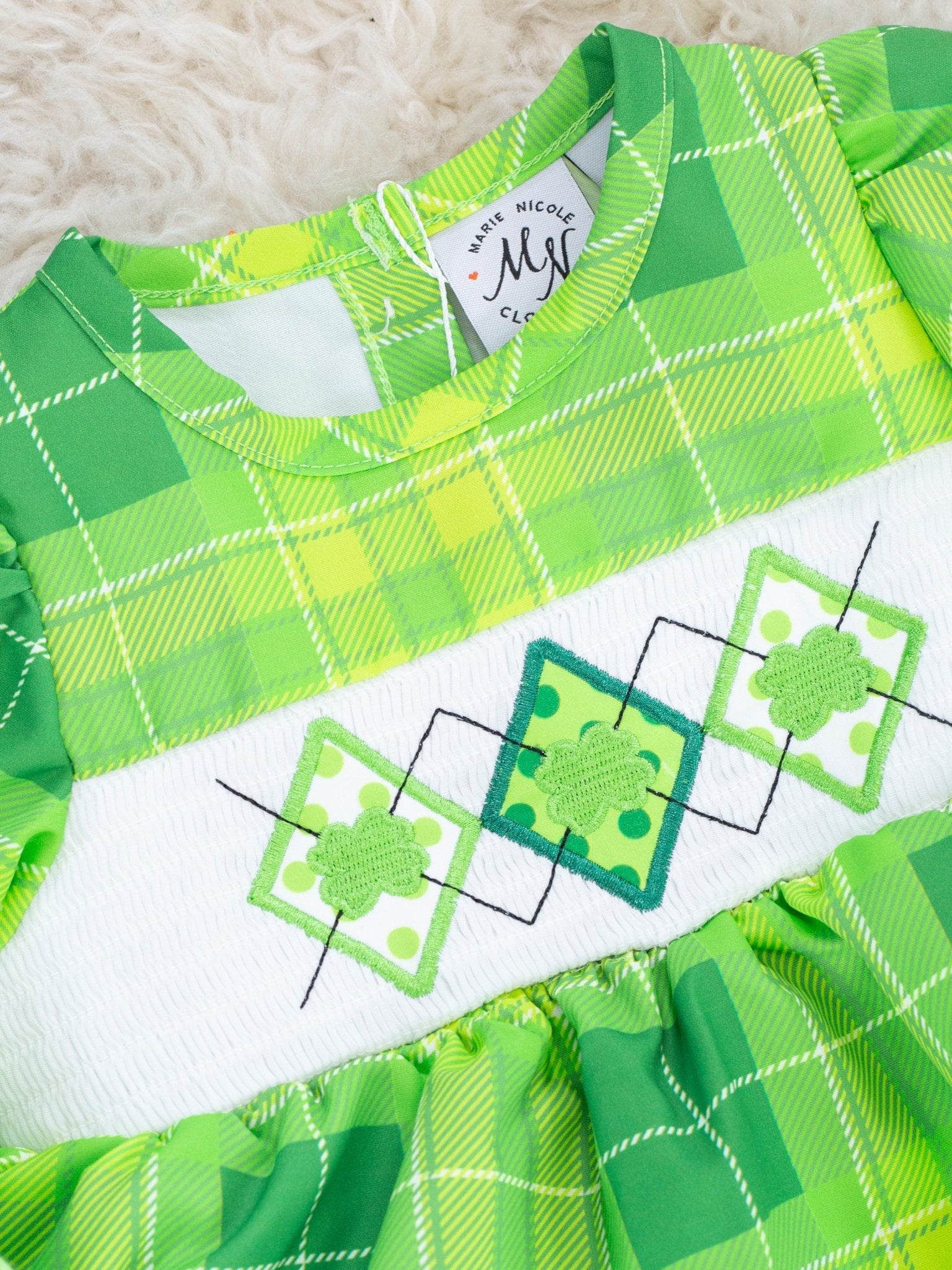 Green Plaid Smocked Clover Ruffle Romper - Marie Nicole Clothing