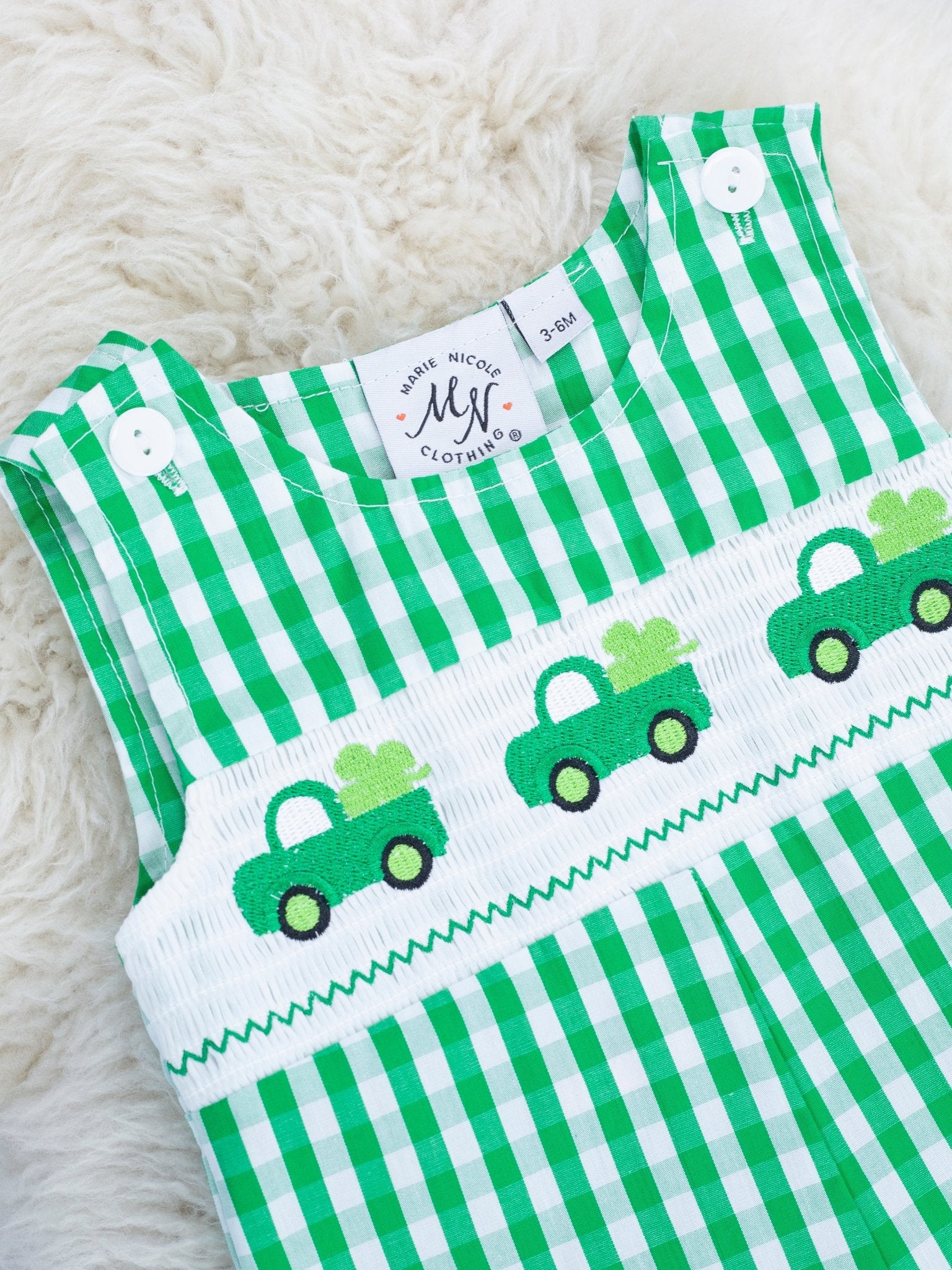 Green Gingham Smocked Clover Truck Johnny - Marie Nicole Clothing