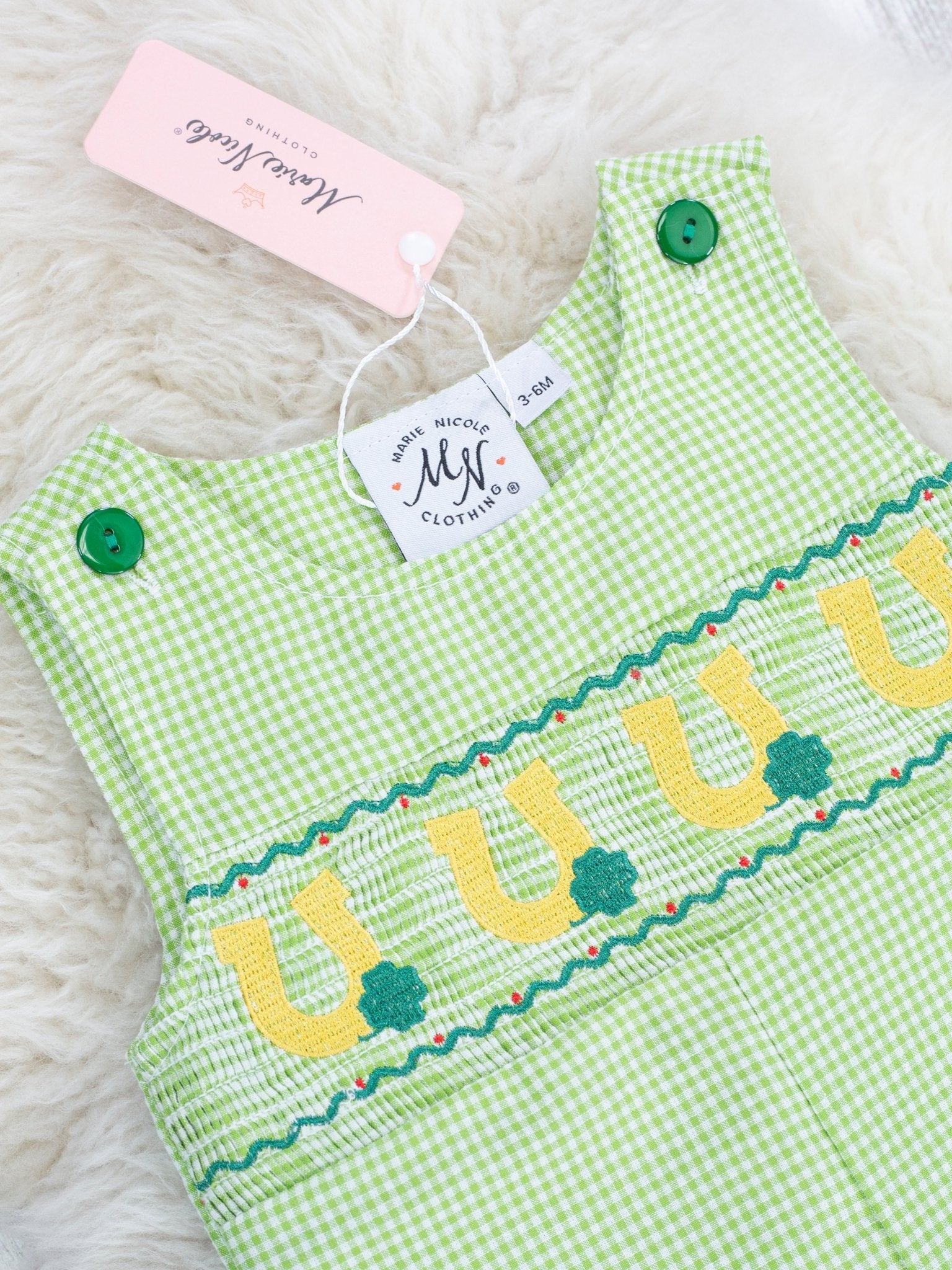 Green Smocked Horse Shoe Johnny - Marie Nicole Clothing