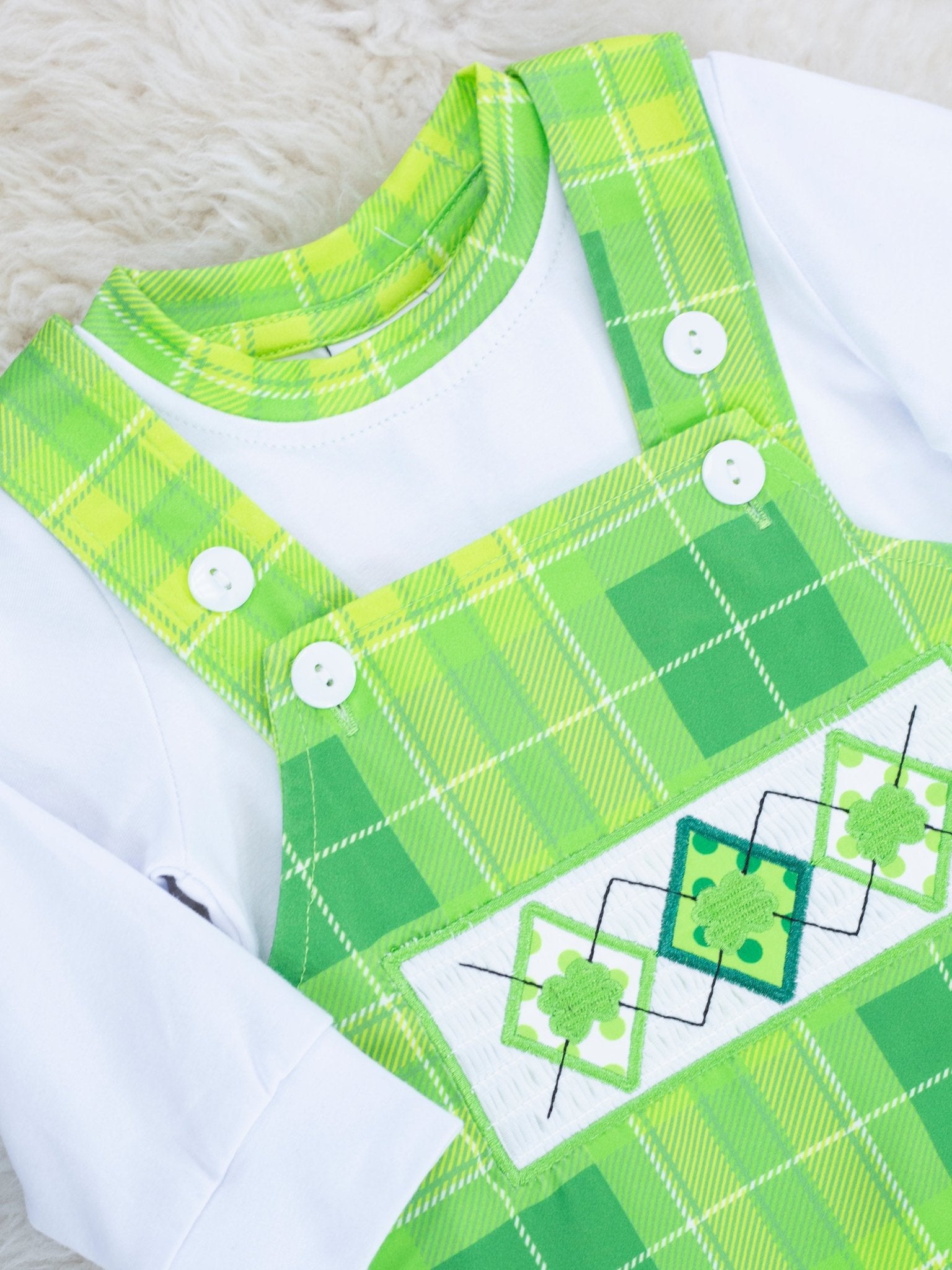 Green Plaid Smocked Clover Overall Romper - Marie Nicole Clothing