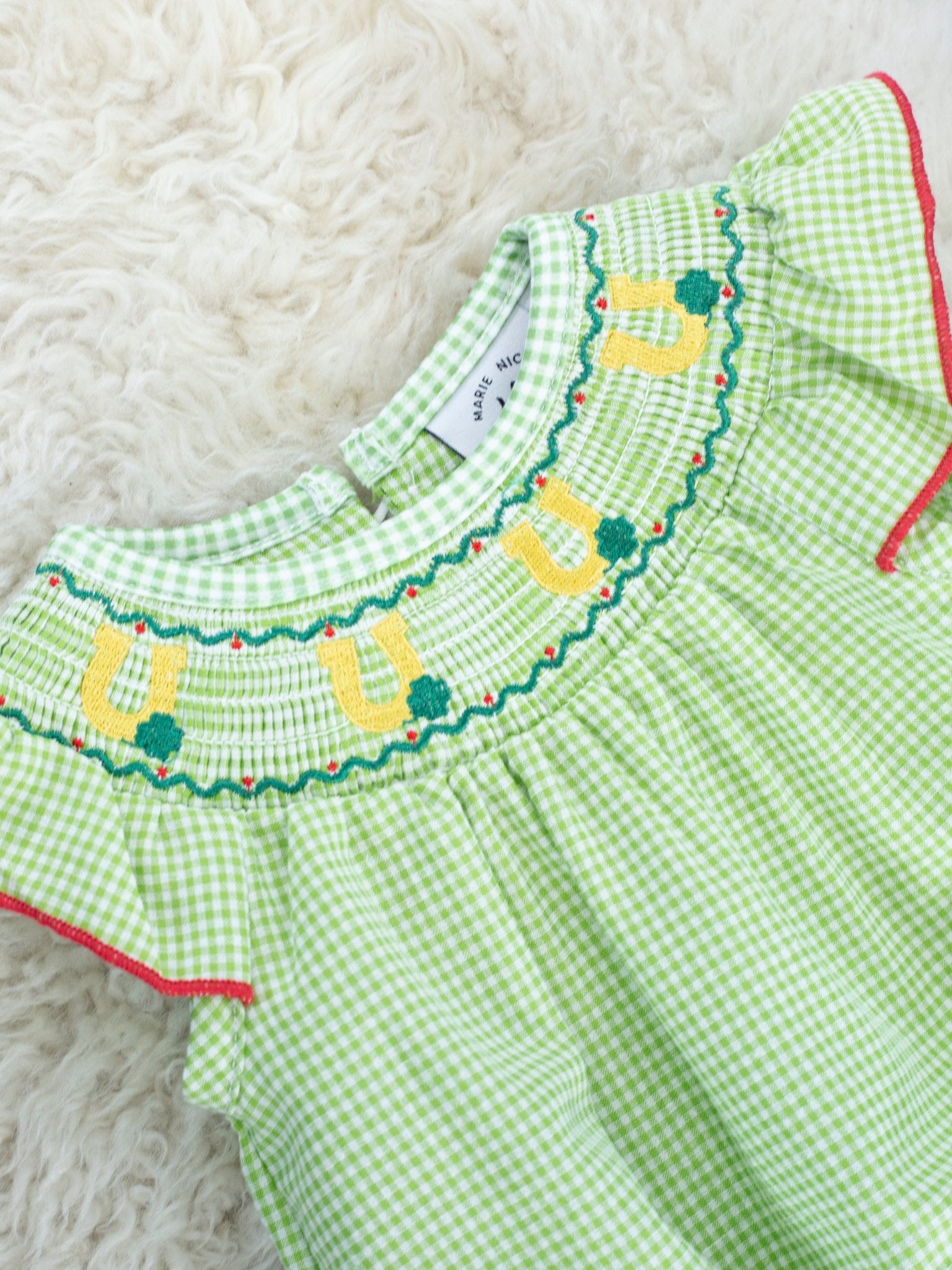 Green Smocked Horse Shoe Ruffle Romper - Marie Nicole Clothing